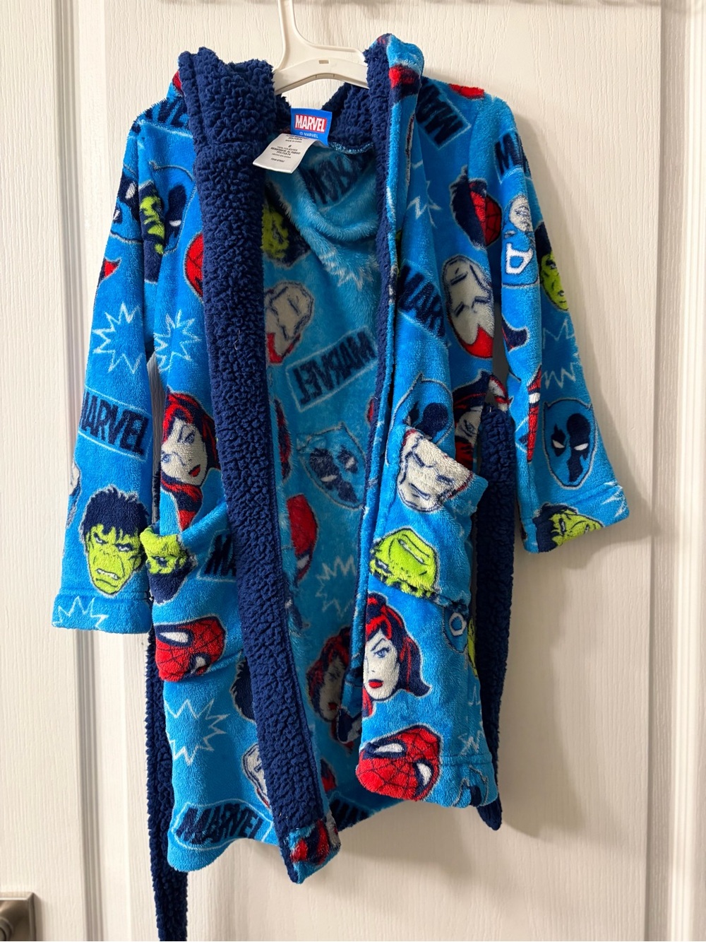 Marvel Kids Blue Superhero Plush Robe with Navy Sherpa Trim